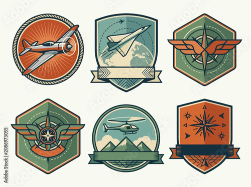 Vintage Aviation and Adventure Badge Set - Retro Flight Logos with Planes, Helicopters, and Compass Designs