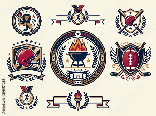 Vintage Sports Badge and Tailgating Logo Collection with Football, Running, and Grill Emblems