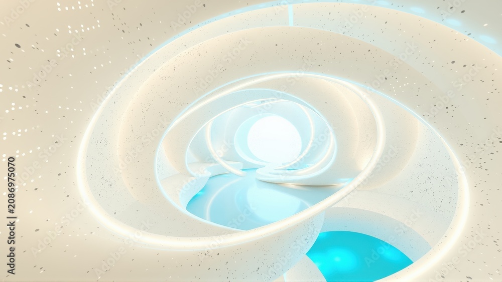 Fototapeta premium Spiral tunnel, soft light, abstract form. Creamy hues blend with cool blues, creating depth, mystery. Digital rendering.
