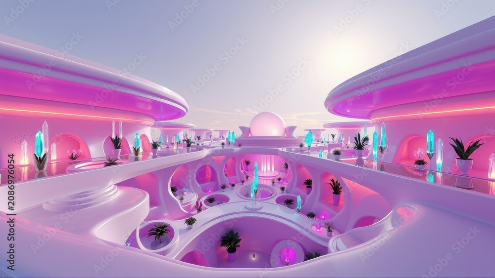 Fototapeta premium Futuristic landscape features curved architecture, glowing lights, plants. Soft pinks, purples dominate scene, creating dreamlike atmosphere.