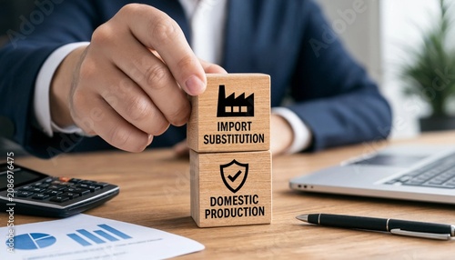Businessman holding wooden blocks with import substitution and domestic production concepts on office desk with calculator laptop and papers