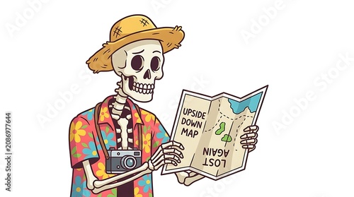 Skeleton tourist wearing a straw hat and floral shirt looking at a map in a humorous cartoon style