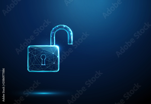 3D blue open padlock. Cybersecurity, data access, unlock, privacy breach, network protection, password, secure login, hacking, identity theft, encryption concept