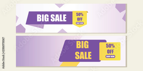 Modern vector web banner set with big sale promotion text and fifty percent off discount offer on abstract purple geometric background.