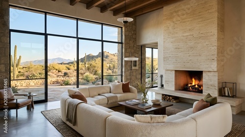 Luxury desert living room featuring a cozy burning fireplace and large glass windows overlooking a scenic arid mountain landscape view
