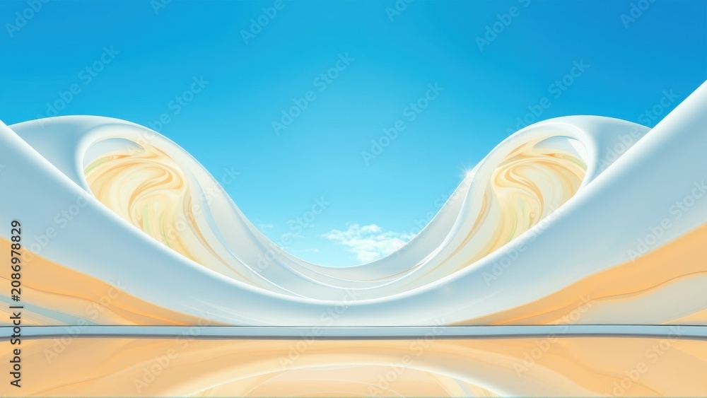 Fototapeta premium Abstract shapes form tunnel toward bright sky. Swirls suggest movement, warm tones contrast cool blue above. Smooth surfaces create futuristic feel.