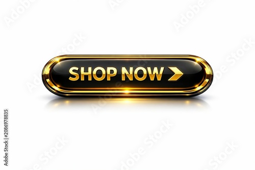 Stylish 3d capsule shop now button with metallic gold reflection
