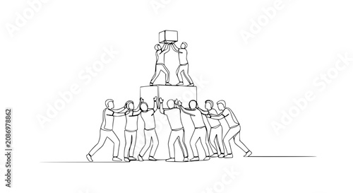 Foto Teamwork building pyramid, lifting box to success, collaboration, unity, support