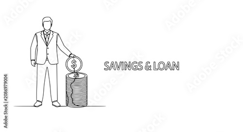 Businessman adding coin to stack, Savings & Loan concept, clean line art illustration
