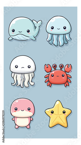 Cute Cartoon Marine Animals and Starfish for Kids Illustration in Soft Colors
