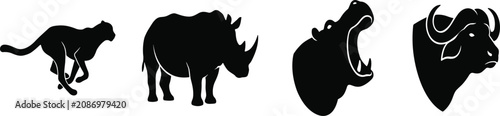 Foto African safari wild animals black silhouette set with cheetah rhinoceros hippopo