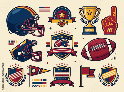 American Football Icon Set with Helmets, Trophy, and Sports Emblems in Retro Style