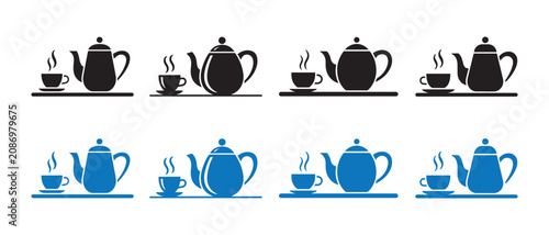 Tableau sur toile Set of Tea Pot and Cup Icons Featuring Steaming Hot Beverages in Minimalist Vector Illustration Style