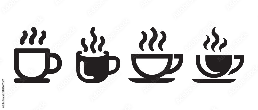Fototapeta premium Set of steaming coffee cup icons representing hot beverages in a minimalist flat vector style.