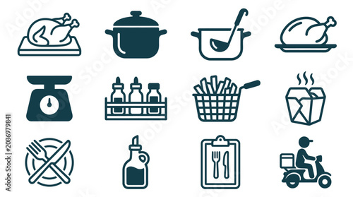 Foto Set of 12 minimalist flat culinary icons featuring roasted chicken, cooking pots with ladles, kitchen scales, condiment racks, french fries, takeout boxes, cutlery, and food delivery scooters