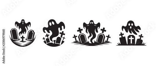 Foto Black Silhouette Ghost Icons Set Featuring Spooky Graveyard Tombstones in a Minimalist Vector Style