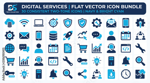 Photography Digital services flat vector icon bundle, 30 consistent two-tone icons in navy a