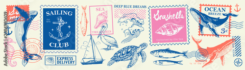 Obraz na płótnie Vintage ocean postage stamp collection with whales, sea turtle, sailboat, pelican, seashells, fish, anchor and coastal elements