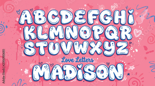 Bubble graffiti alphabet vector, cute cartoon love letters with hearts, pink street art font for kids birthday cards and posters