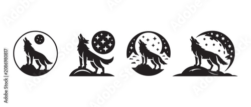 Canvastavla Howling Wolf Silhouette Collection with Moon and Stars in a Minimalist Vector Illustration Style
