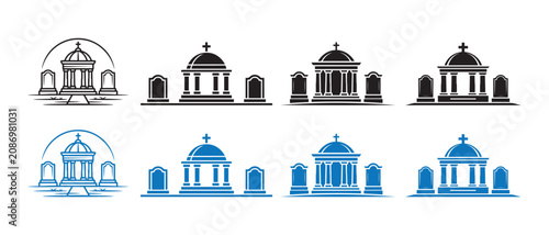 Obraz na plátně Collection of cemetery mausoleum icons featuring architectural grave structures in minimalist style