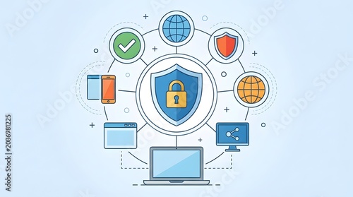 Network security concept with blue shield padlock surrounded by globe firewall laptop mobile device icons connected