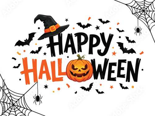 Happy Halloween celebration with pumpkin hat and spider web decorations