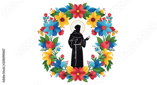 Saint Anthony of Padua silhouette with a vibrant watercolor floral wreath frame.