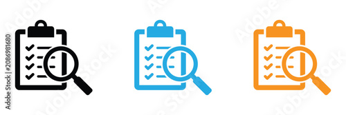 Clipboard with checklist and magnifying glass icons in black, Blue, And orange on white background