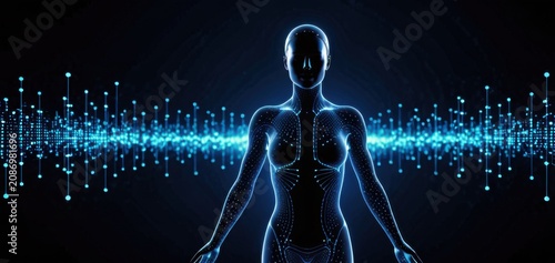 glowing human silhouette in digital network, concept of technology, ai, banner