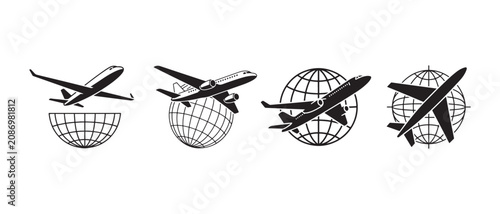 Fotografie Airplane silhouettes flying over global grid spheres in a minimalist vector illustration set style