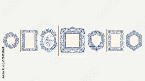 Bild auf Leinwand Vintage blue floral frames set, 7 ornate baroque border vectors, elegant porcela
