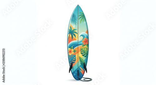 Tropical floral pattern surfboard isolated on white background