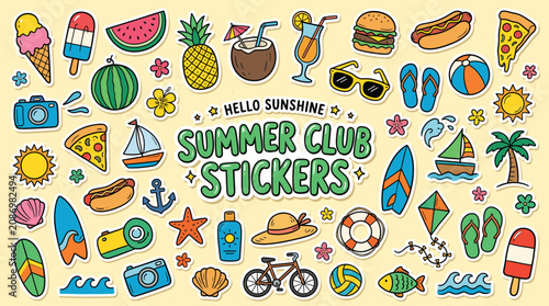 Foto Summer Club Stickers collection, colorful hand drawn beach vacation doodles, tro