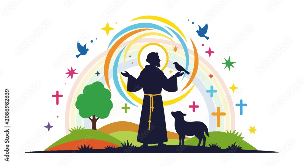 Fototapeta premium Saint Francis of Assisi with a lamb and bird illustration.