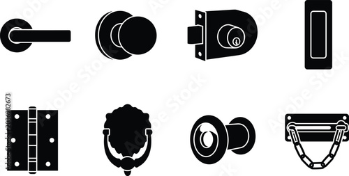 Set of black silhouette icons representing various door hardware, locks, handles, hinges, and security accessories