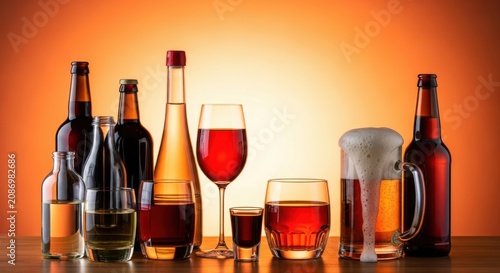 Assorted alcoholic drinks including wine beer and spirits on a sunset background