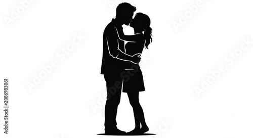 Full body black silhouette of a young couple kissing and embracing isolated on white background