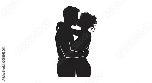 Vector black silhouette of a romantic young couple hugging and kissing isolated on white background