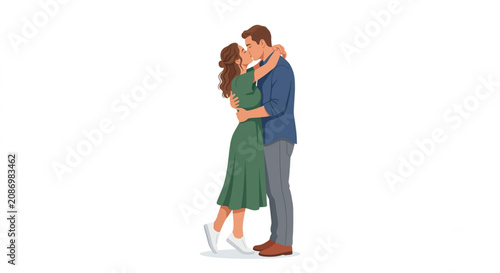 young couple kissing and hugging full body illustration on white background