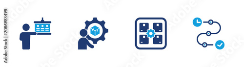 Production planning icon set. planning, production, capacity, timeline, manufacturing. solid style icon collection