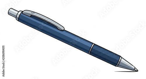 Classic blue retractable ballpoint pen with metallic clip isolated on white background
