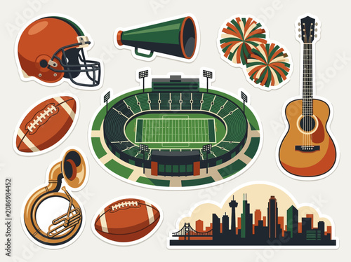 Fényképezés American Football Sticker Set with Stadium, Helmet, Musical Instruments and City
