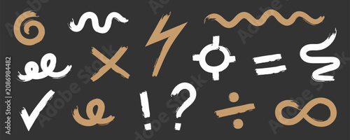 Brush strokes and doodle symbols set isolated on dark background, abstract beige and white graphic elements for design concept
