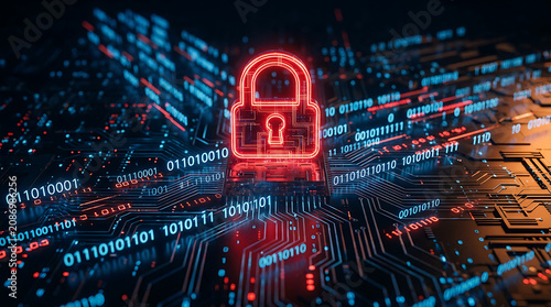 Futuristic digital shield with a glowing red padlock securing data streams and binary code on a high-tech circuit board