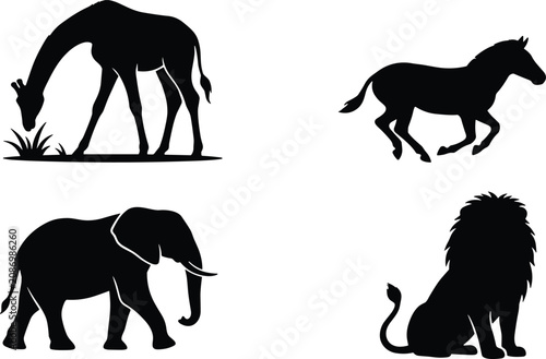 Photography Black silhouette icons of African safari animals including giraffe zebra elephan