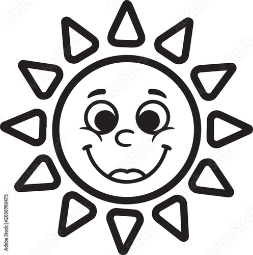 Smiling sun with radiating rays black and white silhouette high quality professional detailed