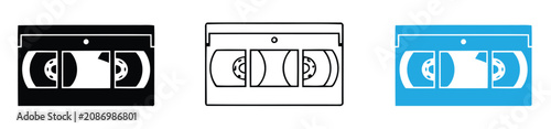 Foto Retro VHS tape icon, vintage video cassette symbol, analog media storage, black and white vector illustration