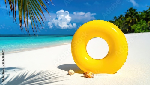 A serene beach scene featuring a vibrant yellow inflatable ring on pristine white sand with seashells, surrounded by turquoise water and lush greenery under a sunny sky.