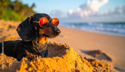 A dog wearing sunglasses relaxes on a sandy beach by the ocean on a sunny day.